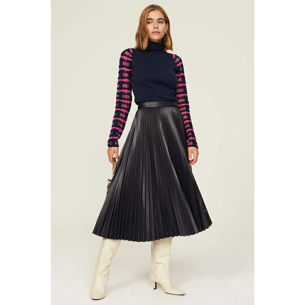 Esteban Cortazar Top Sheer Lattice Sleeve Turtleneck Navy & Pink S